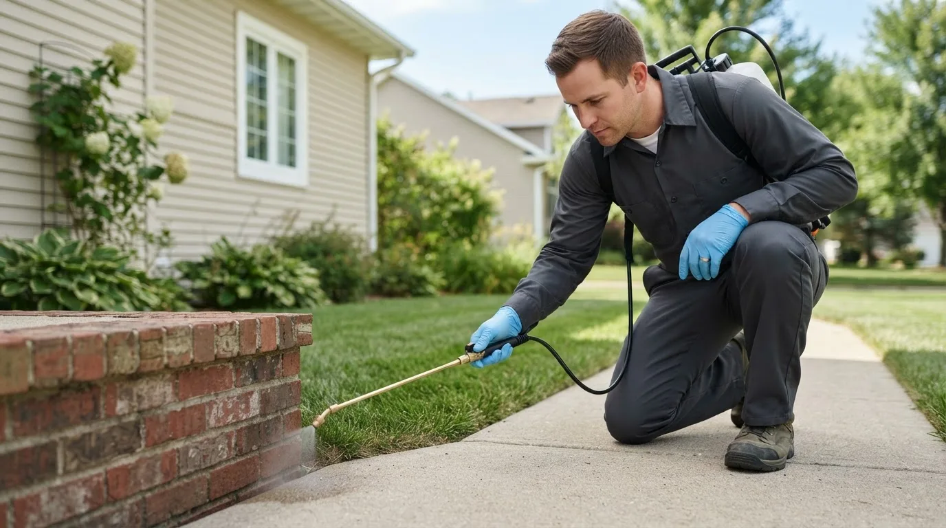Pest control technician treating a home near Hoxie, AR